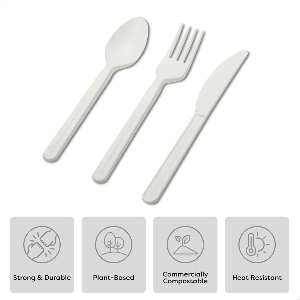 NATURAL Compostable Assorted Cutlery Set of 150 BPI Certified - Plant Based Spoon, Fork and Knife Combo, Heat