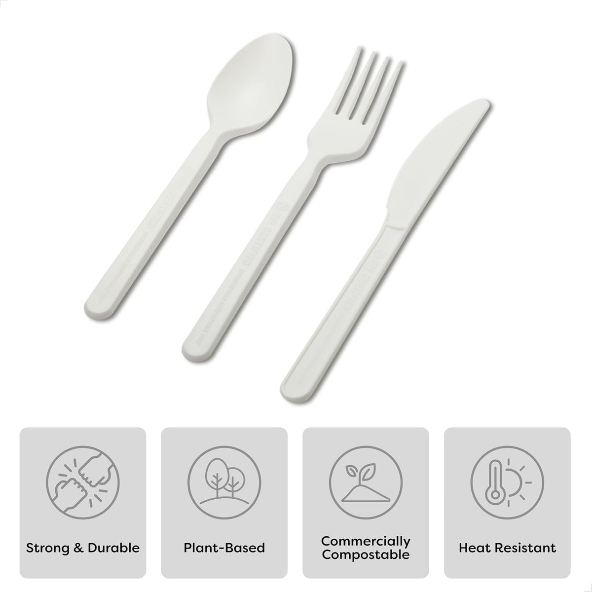 NATURAL Compostable Assorted Cutlery Set of 150 BPI Certified - Plant Based Spoon, Fork and Knife Combo, Heat