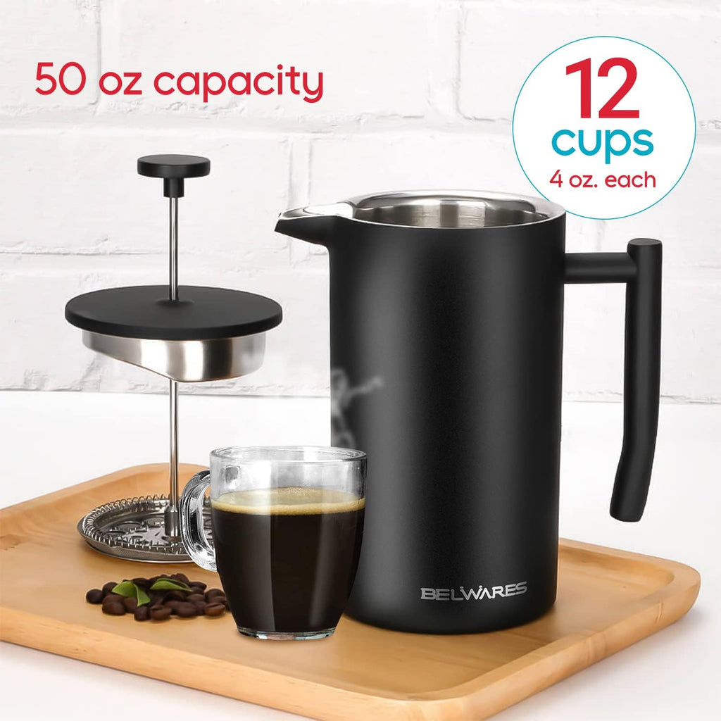 French Press Coffee Maker - 50oz Stainless Steel, Insulated Coffee Press | Large 6 Cup 50oz Capacity, Double Wall