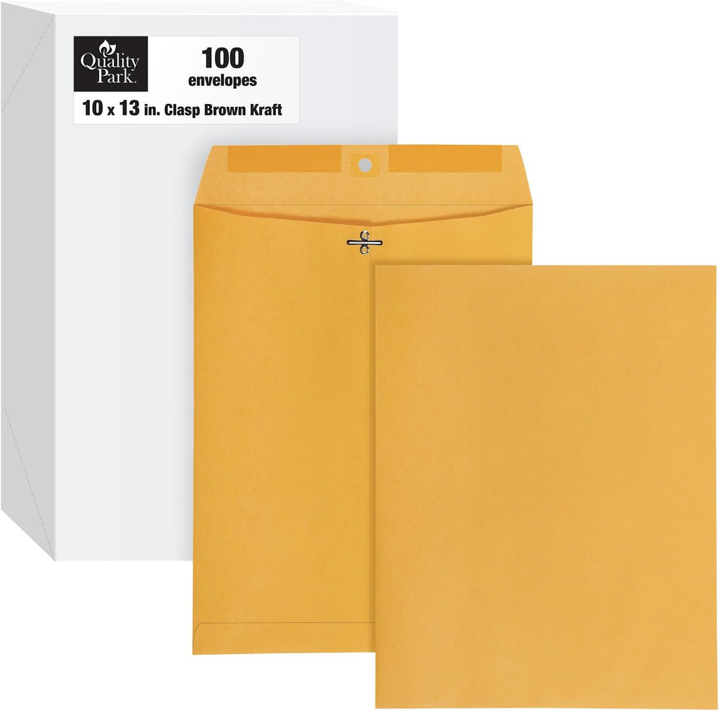 10 x 13 Clasp Envelopes, Clasp and Gummed Closures for Storing or Mailing, 28 lb Kraft Paper, 100 per Box (QUA38197)