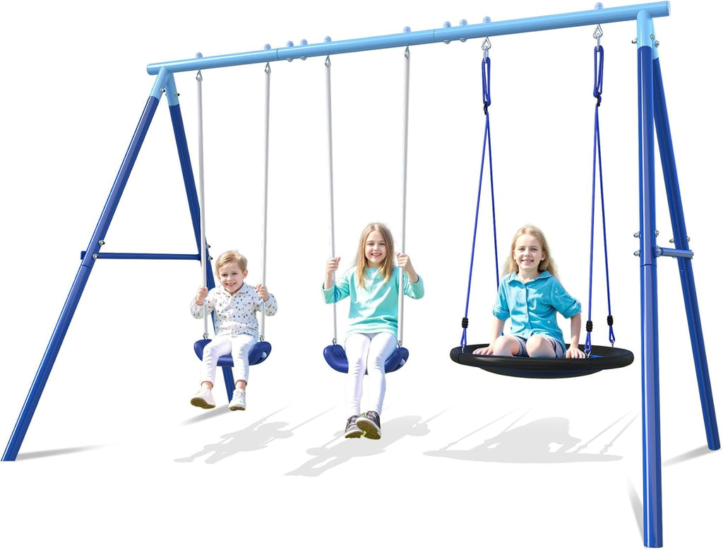 3-in-1 Swing Set for Backyard for Kids 3-8, 550lbs, Heavy Duty Metal A-Frame for Outdoor Playset, Two Blow-Molded
