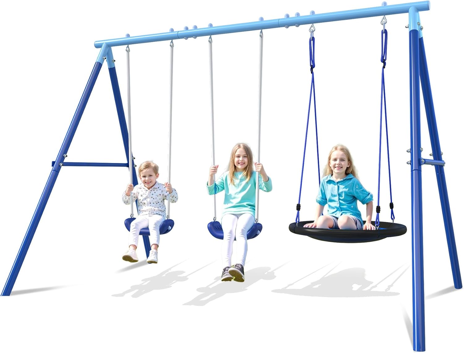 3-in-1 Swing Set for Backyard for Kids 3-8, 550lbs, Heavy Duty Metal A-Frame for Outdoor Playset, Two Blow-Molded