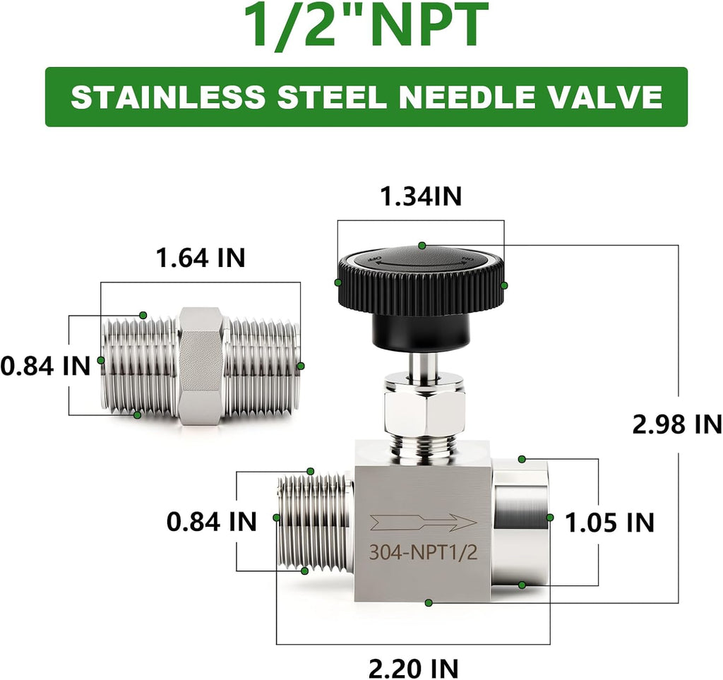 TAISHER 1PCS 304 Stainless Steel Straight Needle Valve 1/2" NPT Male x 1/2" NPT Female For Flow Control Water Gas Oil With Nipple