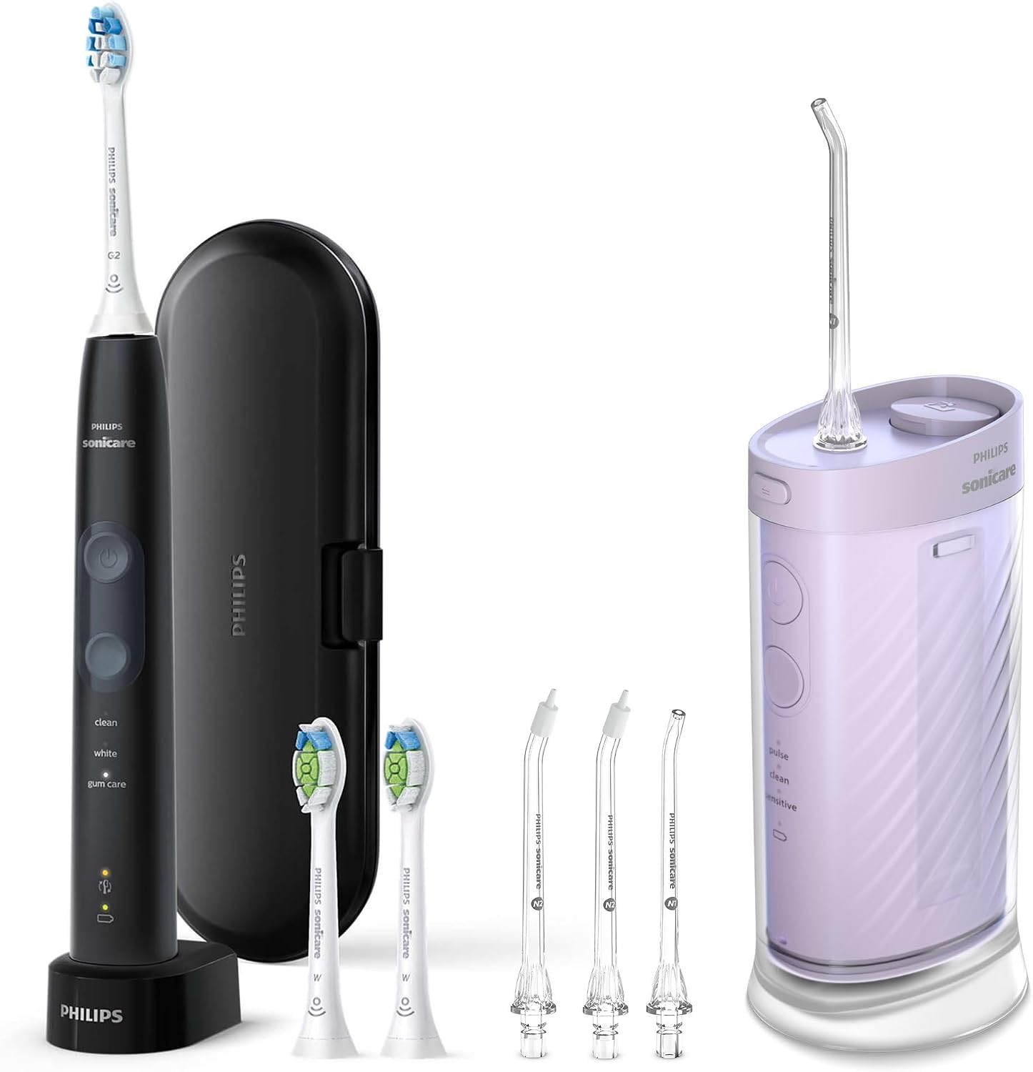 Compact Flosser 1000, Purple, ProtectiveClean 5300 Rechargeable Electric Toothbrush and 2PK Compact Nozzle Bundle