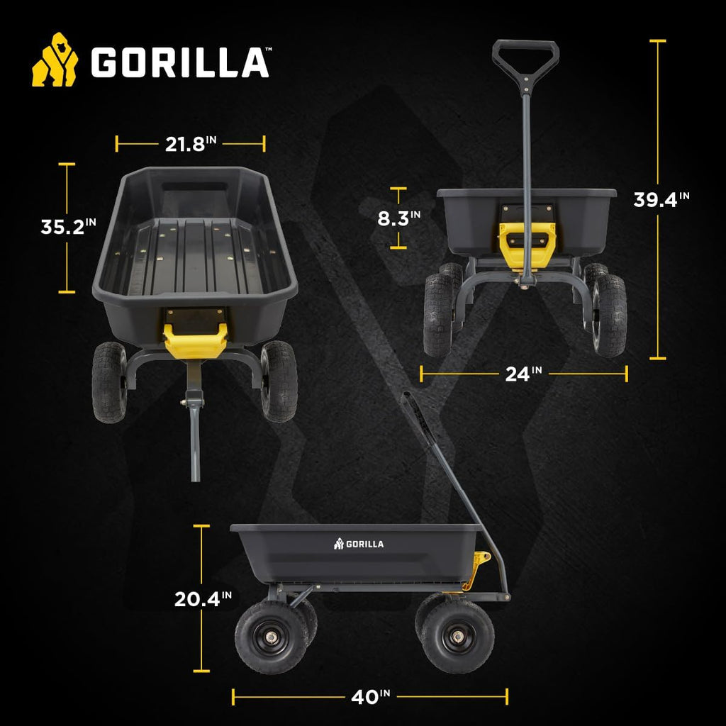 Heavy-Duty Dump Cart, Patented Quick-Release Dumping, Steel Frame, 600 lb Capacity, No-Flat 10-Inch Tires, Utility