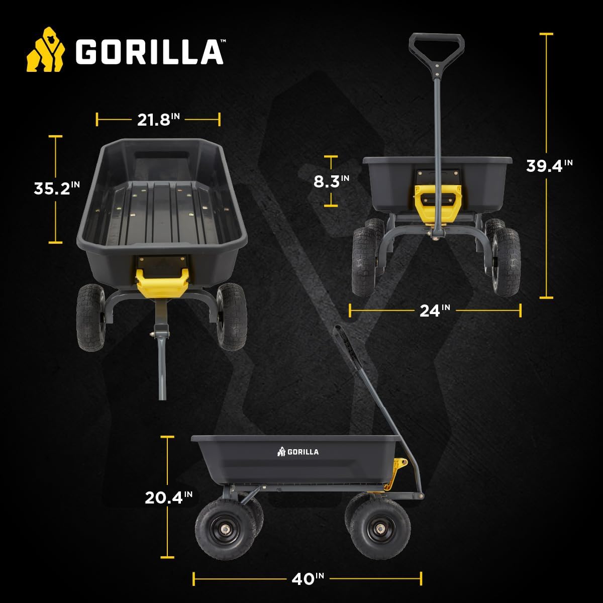 Heavy-Duty Dump Cart, Patented Quick-Release Dumping, Steel Frame, 600 lb Capacity, No-Flat 10-Inch Tires, Utility