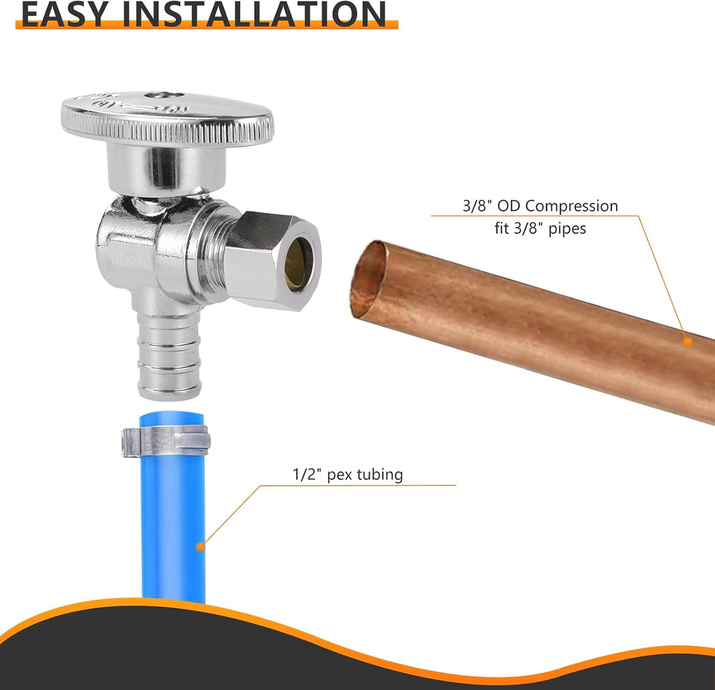 10PC HeSun 1/2" PEX-B Crimp x 3/8" OD Compression Angle Stop Valve | 1/4 Turn Shut Off Valve,for Bathroom, ASTM