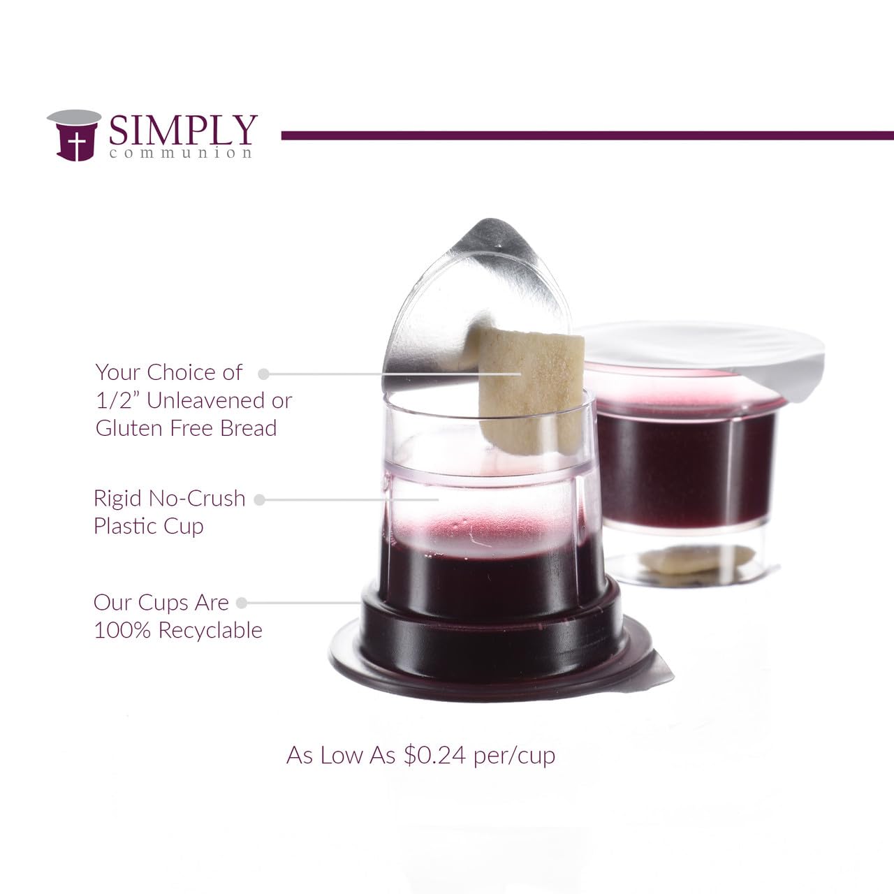 Prefilled Communion Cups 100 Count | Tray & Seatback Pew Compatible | Concord Grape Juice & Bread | Easy-Open