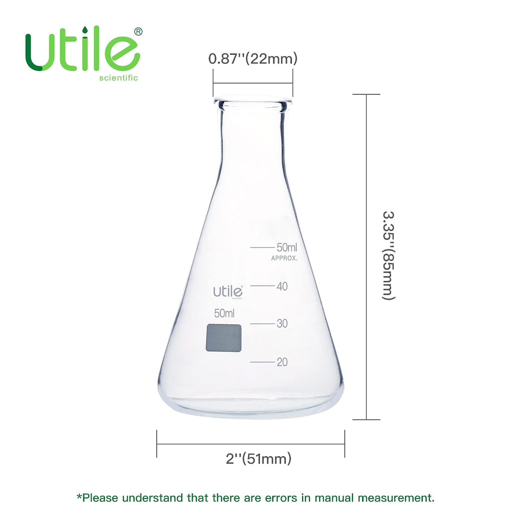 Glass Erlenmeyer Flask Set, 50ml Narrow Mouth Erlenmeyer Flasks, 6pcs of Borosilicate 3.3 Glass Conical Flasks for