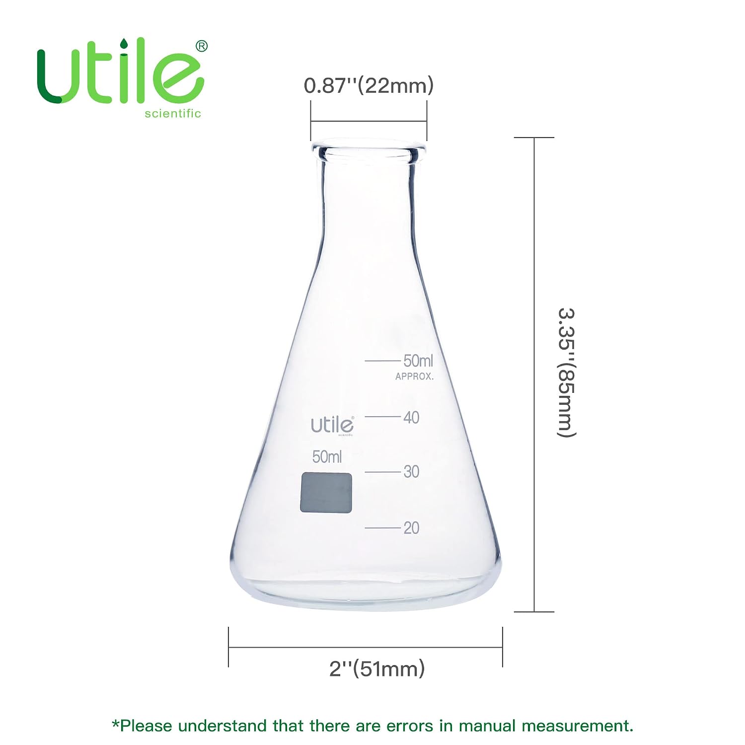 Glass Erlenmeyer Flask Set, 50ml Narrow Mouth Erlenmeyer Flasks, 6pcs of Borosilicate 3.3 Glass Conical Flasks for