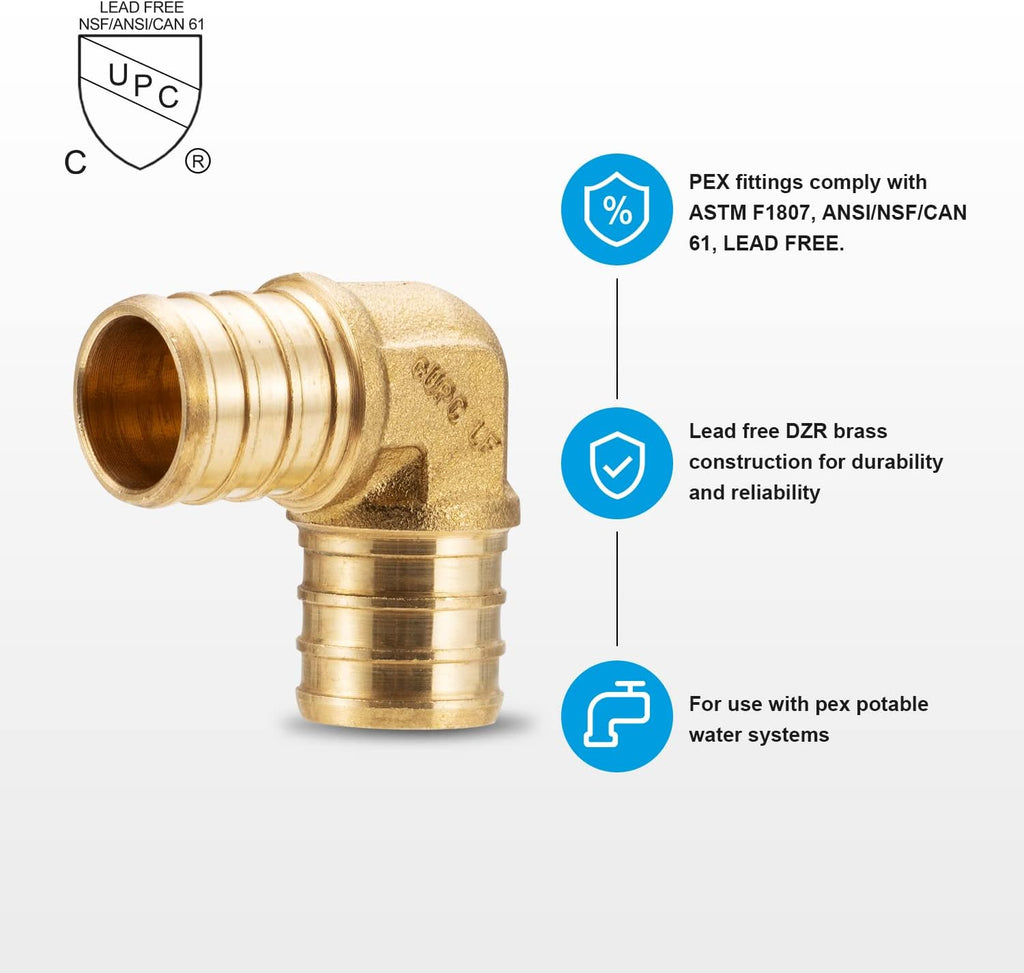 WMAXPFIT(15 Pack) 3/4 Inch PEX 90 Degree Elbow F1807, LF Brass crimp fitting for PEX-b pipe