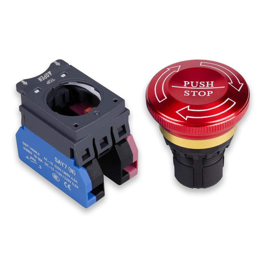 Emergency Stop Button 32A 440V Latching Push Button Switch, 22mm Aluminum Alloy Round E-Stop Button, IP65 Waterproof Self-Locking Shut Off Switch