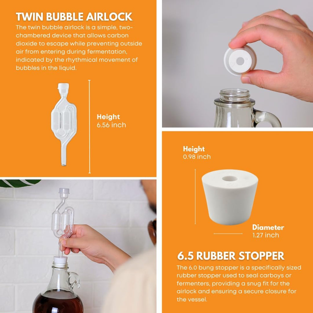 1 Gallon Glass Jug with Black Polyseal Caps, 6.5G Rubber Bungs & Twin Bubble Airlocks – Fermentation Jars for Home