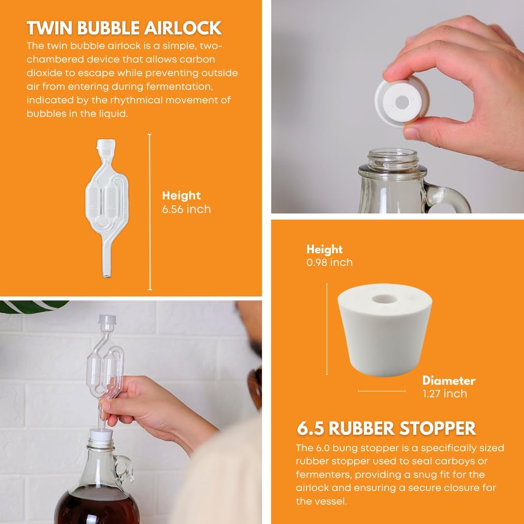 1 Gallon Glass Jug with Black Polyseal Caps, 6.5G Rubber Bungs & Twin Bubble Airlocks – Fermentation Jars for Home