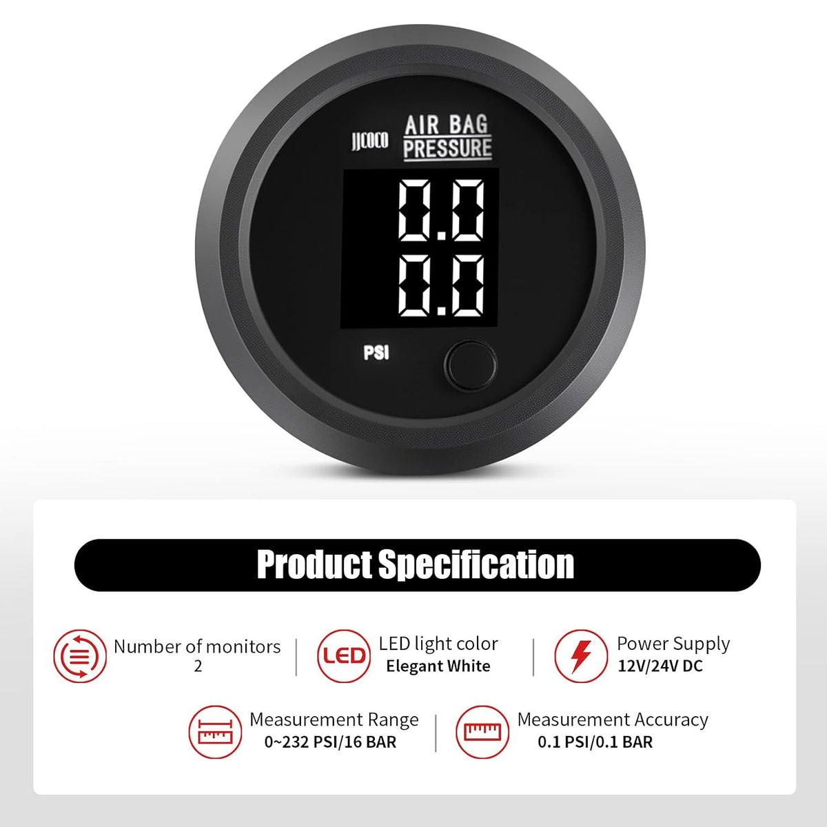 Air Pressure Gauge Dual Digital Display 0-232PSI (16BAR) White LED