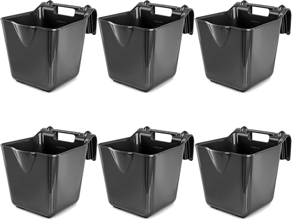 15 Qt Hook-Over Plastic Livestock Horse Feed Bucket, 6-Pack, Black