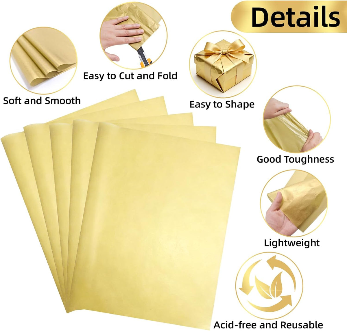 200 Sheets Gold Tissue Paper Bulk for Gift Wrapping & Bags