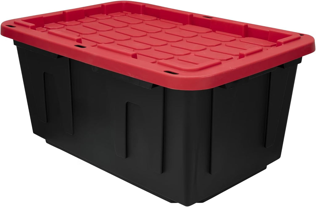 27 Gallon Heavy Duty Plastic Storage Bin with Snap Lid, Lockable, Stackable, Black and Red, 30.6 x 20.6 x 14.3 Inch