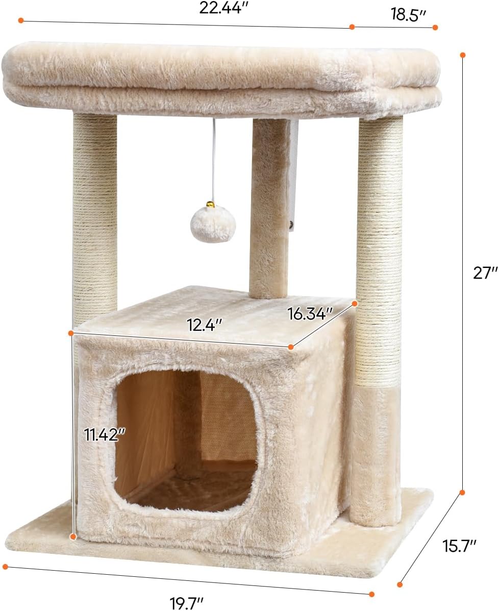 27" Cat Tree for Indoor Cats, Activity Tower with Scratching Posts, Modern Kitten Condo with Plush Perch & Hanging