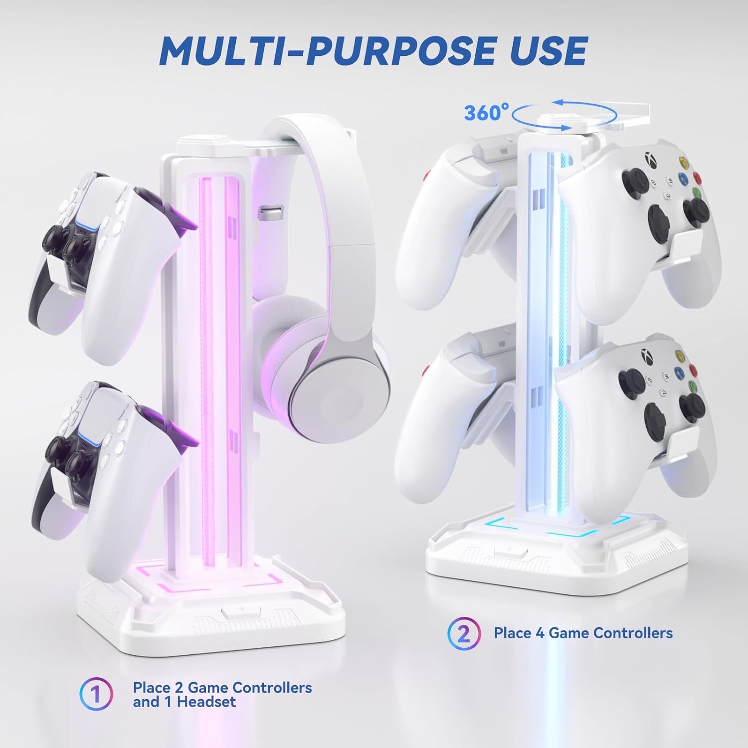 RGB Headset Stand with 9 Light Modes - Controller Holder for Desk - Rotatable Headphone Stand & Detachable Controller