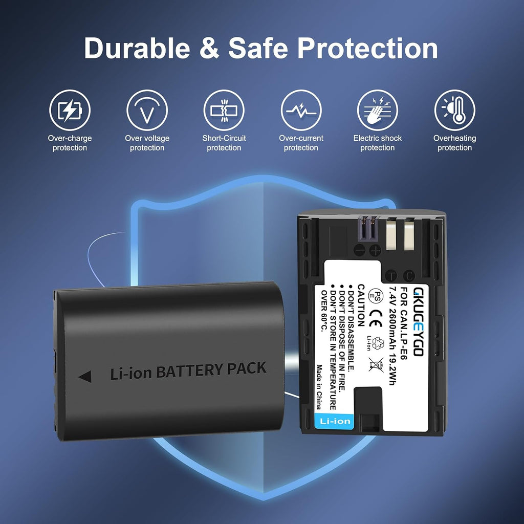 LP-E6 Battery 2-Pack & Dual Charger Compatible with Canon EOS R5 R6 R7 5D 6D 7D Series