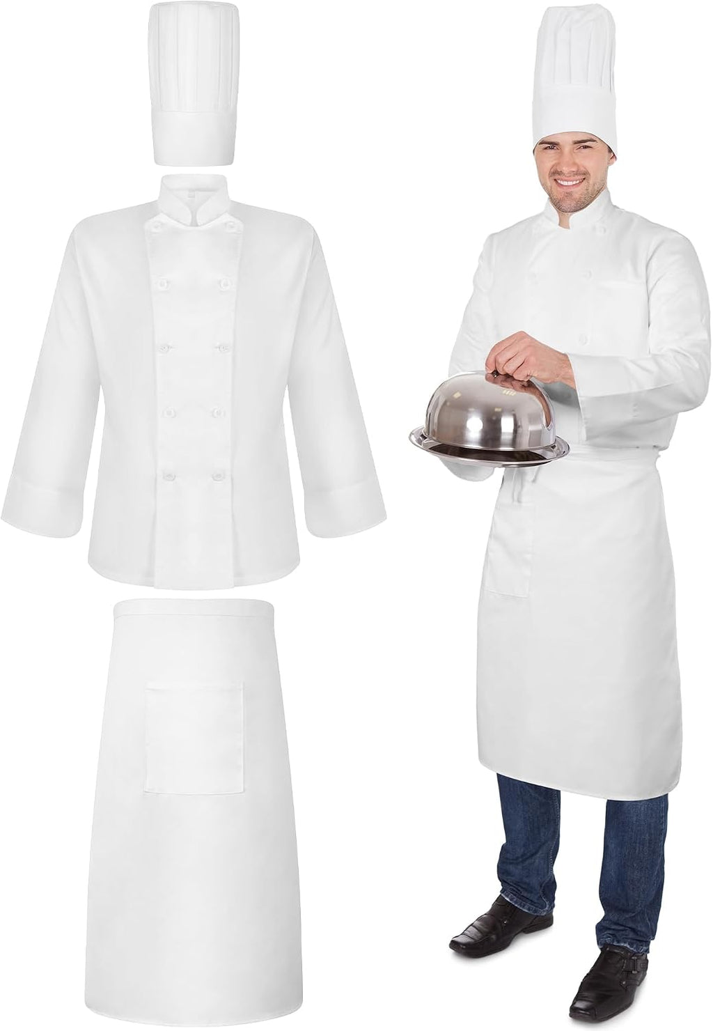 Halloween 3 Pcs Chef Unisex Costume Tall Hat Coat Bistro Apron Set Chef Jacket Coat Apron for Man(Long