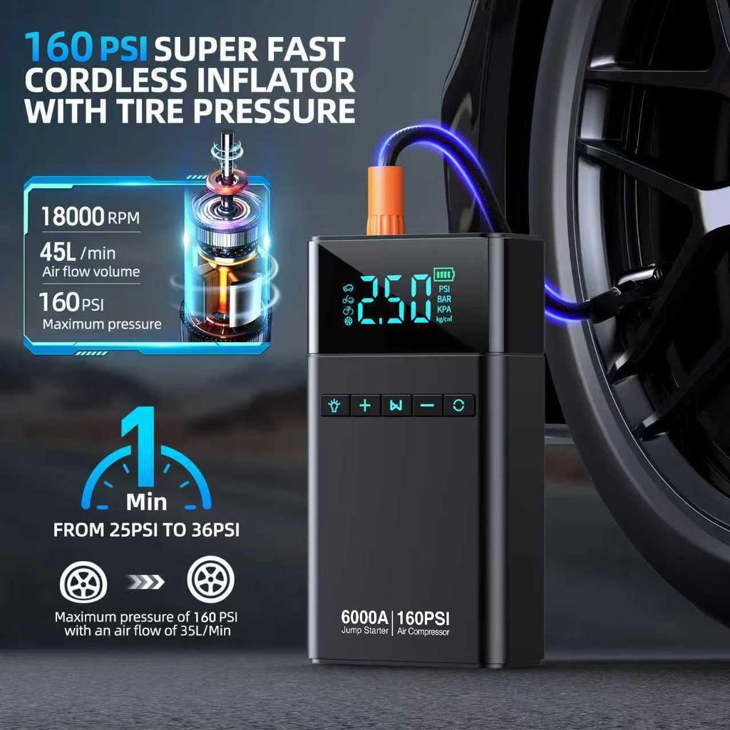 10-in-1 Portable Car Battery Jump Starter with Air Compressor, 6000A 160PSI Portable Car Jumper Starter (All Gas 12L