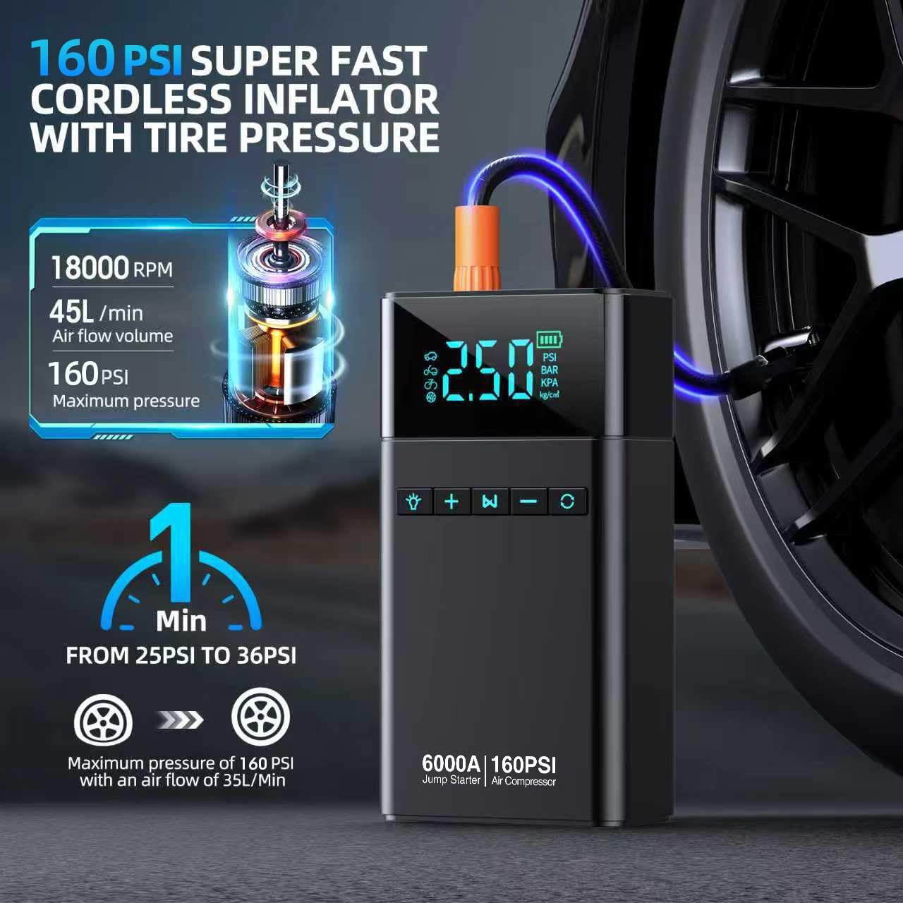 10-in-1 Portable Car Battery Jump Starter with Air Compressor, 6000A 160PSI Portable Car Jumper Starter (All Gas 12L