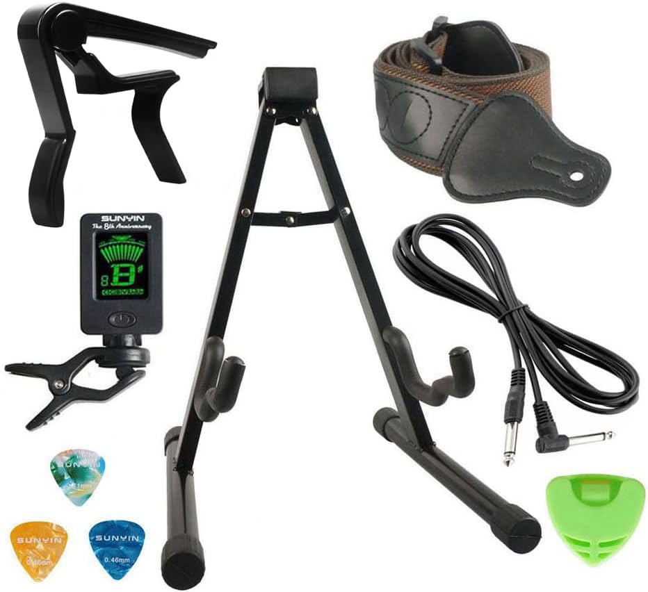 Guitar Stand Accesssories Kit Electric Acoustic A-Frame Guitar Stand 10-Feet Guitar Cord Guitar Capo Guitar Starp