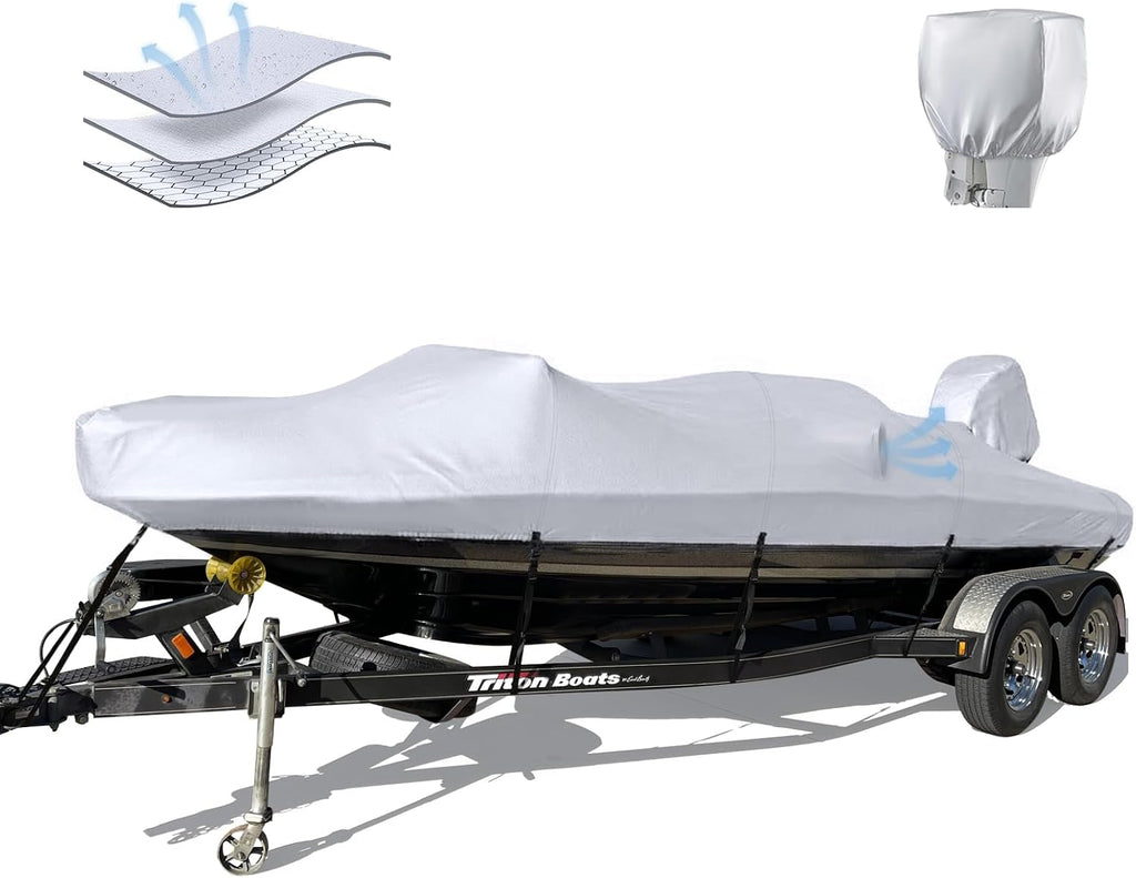 Waterproof 16'-18.5' Boat Cover with Motor Cover, Trailerable Cover | Marine Grade Oxford Fabric, UV & Tear
