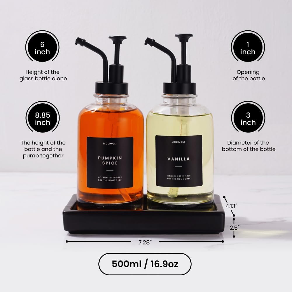 Coffee Syrup Dispenser - Glass Bottle with Pump, Maple/Coffee Syrup, Labels and Tray