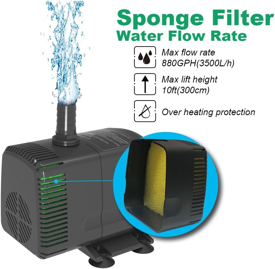 Submersible Water Pump 880GPH Pond Pump for Fountains