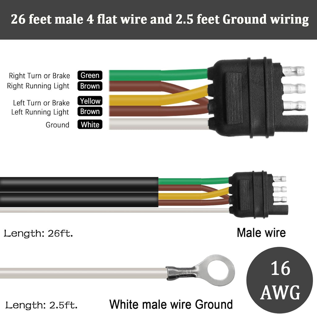 26FT 4 Pin 5 Wire Trailer Wiring Harness,Trailer Light Kit with Jacketed Cable (16AWG),4 Way Flat 5 Wire Plug for