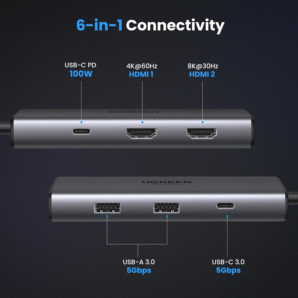 USB C Docking Station Dual Monitor 4K@60Hz, 6-in-1 Dock with 2xHDMI | Single 8K@30Hz, 100W PD, 2x5Gbps USB-A &