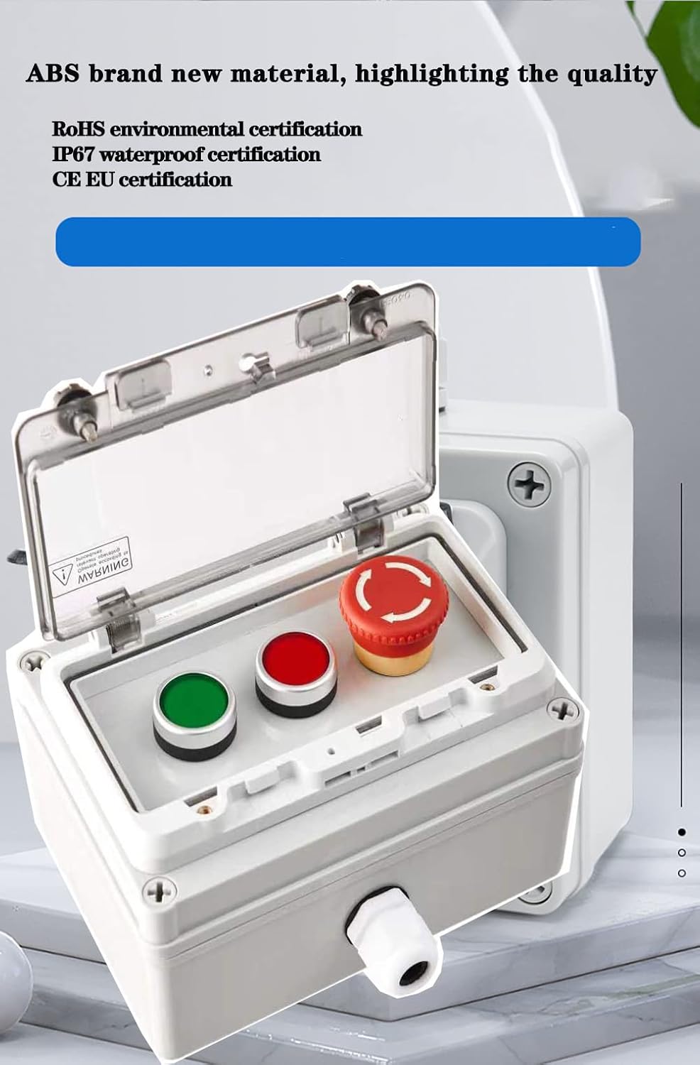 E-Stop Start Stop Push Button Station w/Lockable Cover, Green/Red IP67