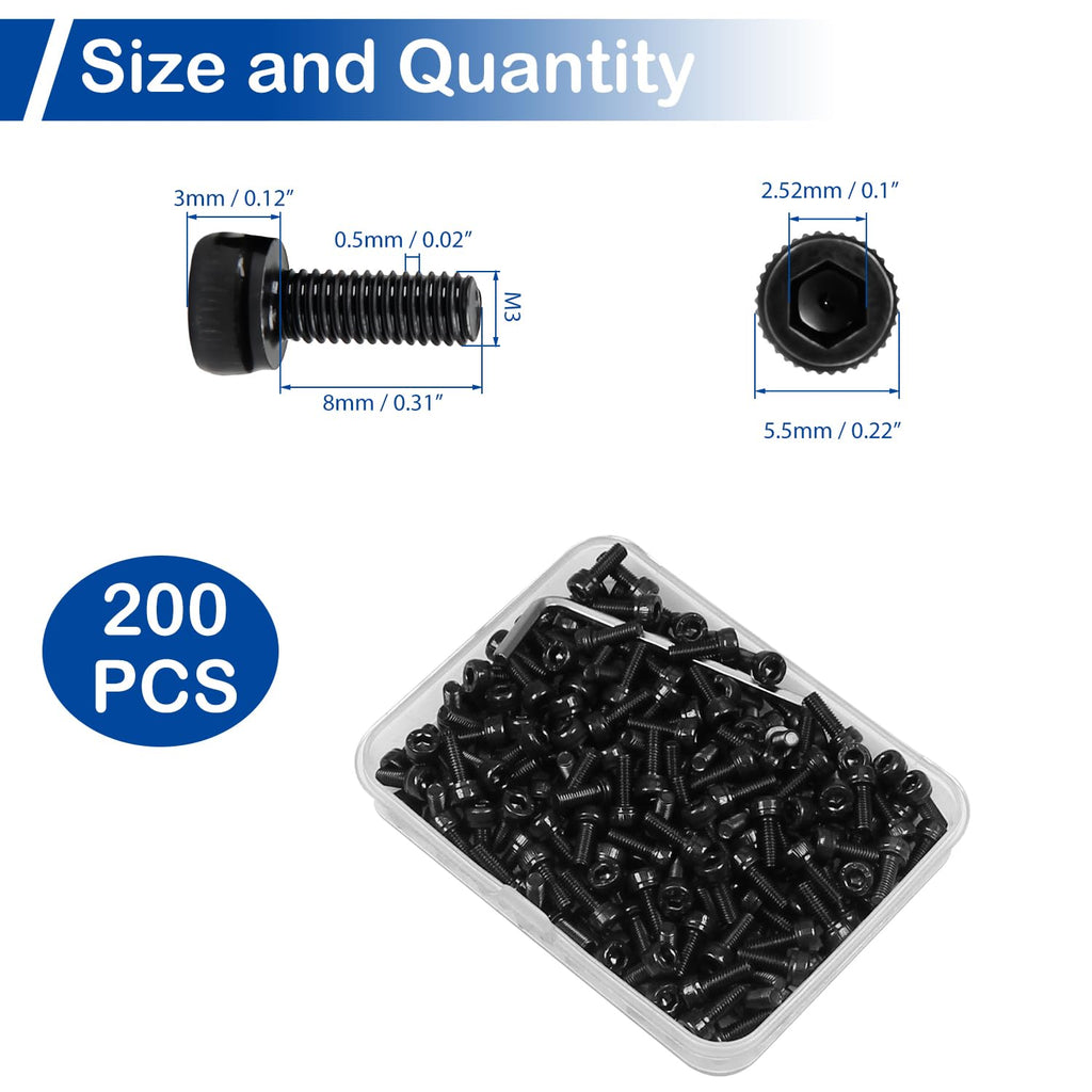 200Pcs M3 x 8mm Hex Socket Head Cap Screws, 12.9 Grade Alloy Steel