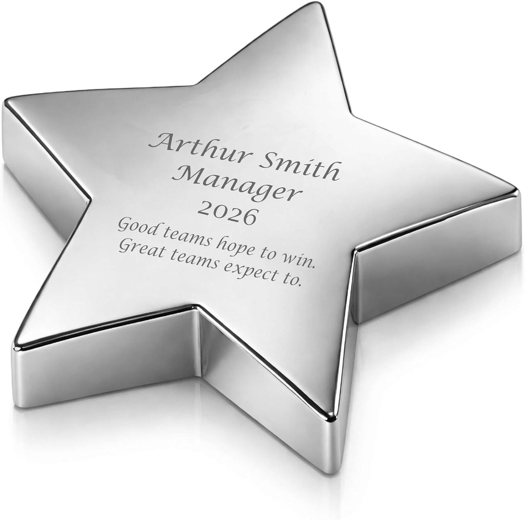 Custom Engraved Silver Star Paperweight – Personalized Office Desk Award & Recognition Gift | Free Engraving - Ships