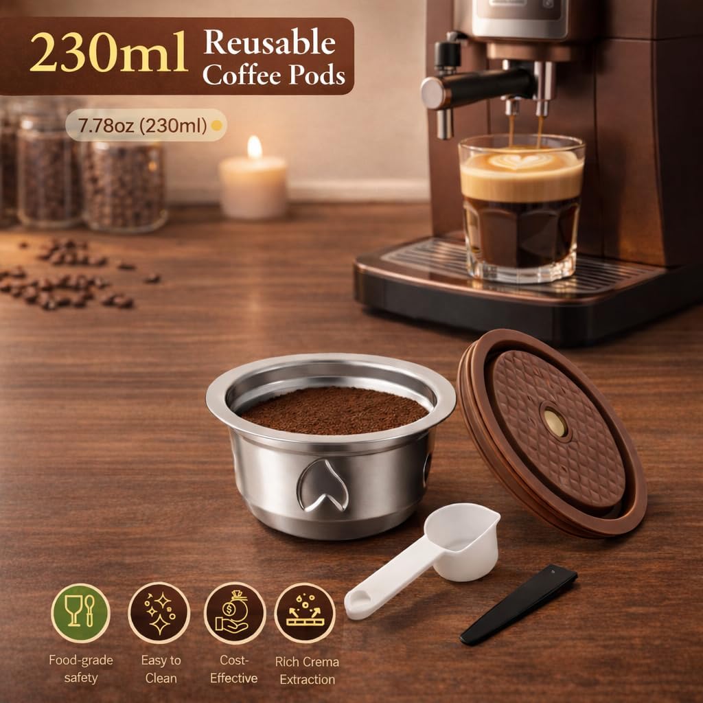 Refillable Coffee Capsule: Compatible with Nespresso VERTUO Coffee Capsules, Stainless Steel 230ml Capacity Reusable
