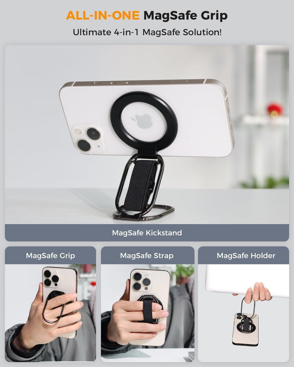 for MagSafe Phone Grip Kickstand, Magnetic Phone Ring Holder | 4-in-1 for MagSafe Phone Ring Stand with Finger-Loop