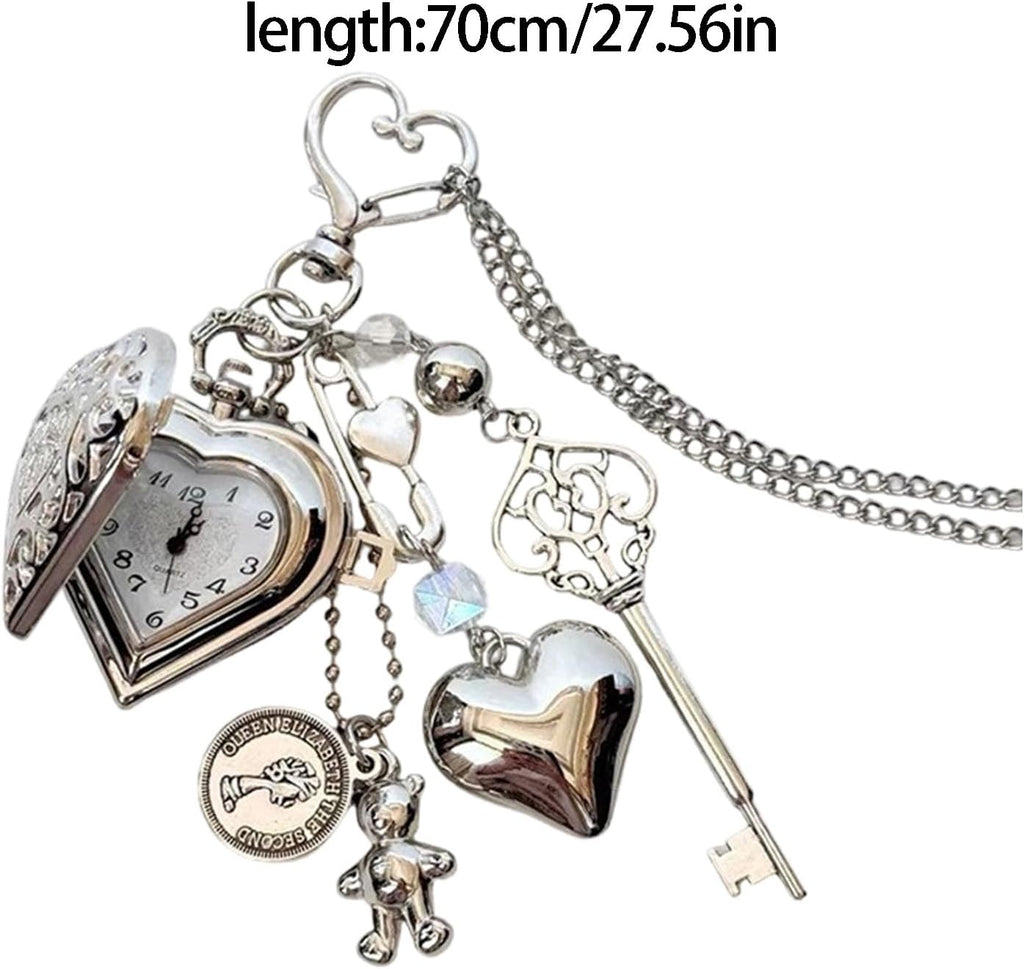 Cartoon Bear Shaped Flipped Lid Heart/Round Locket Keychain Necklace with Vintage Pocket Watch and Star