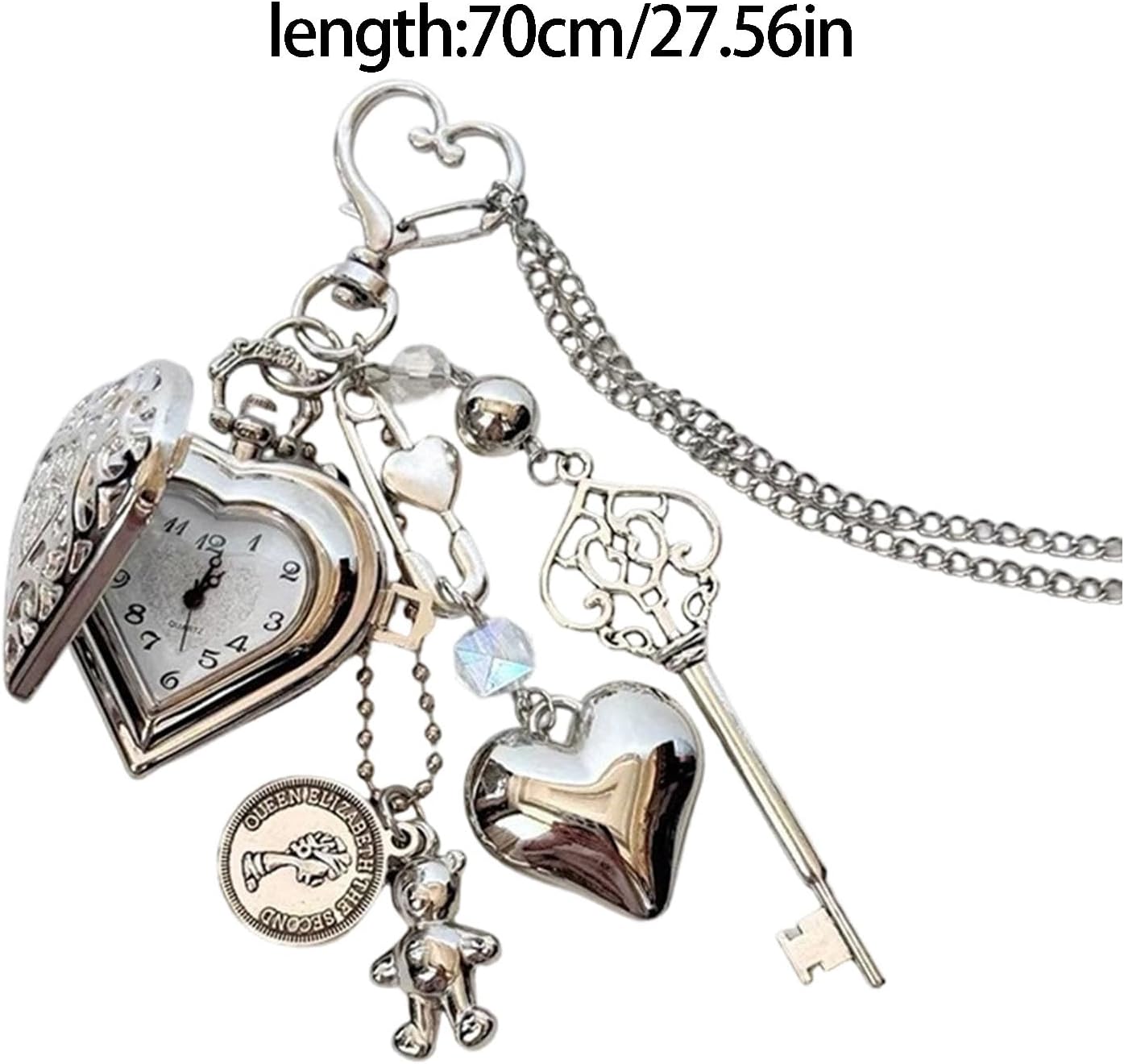 Cartoon Bear Shaped Flipped Lid Heart/Round Locket Keychain Necklace with Vintage Pocket Watch and Star
