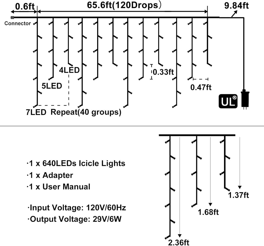 Warm White Christmas Lights Outdoor Icicle Lights for Outside 66ft 640 LEDs | Twinkle String Lights with Connectable