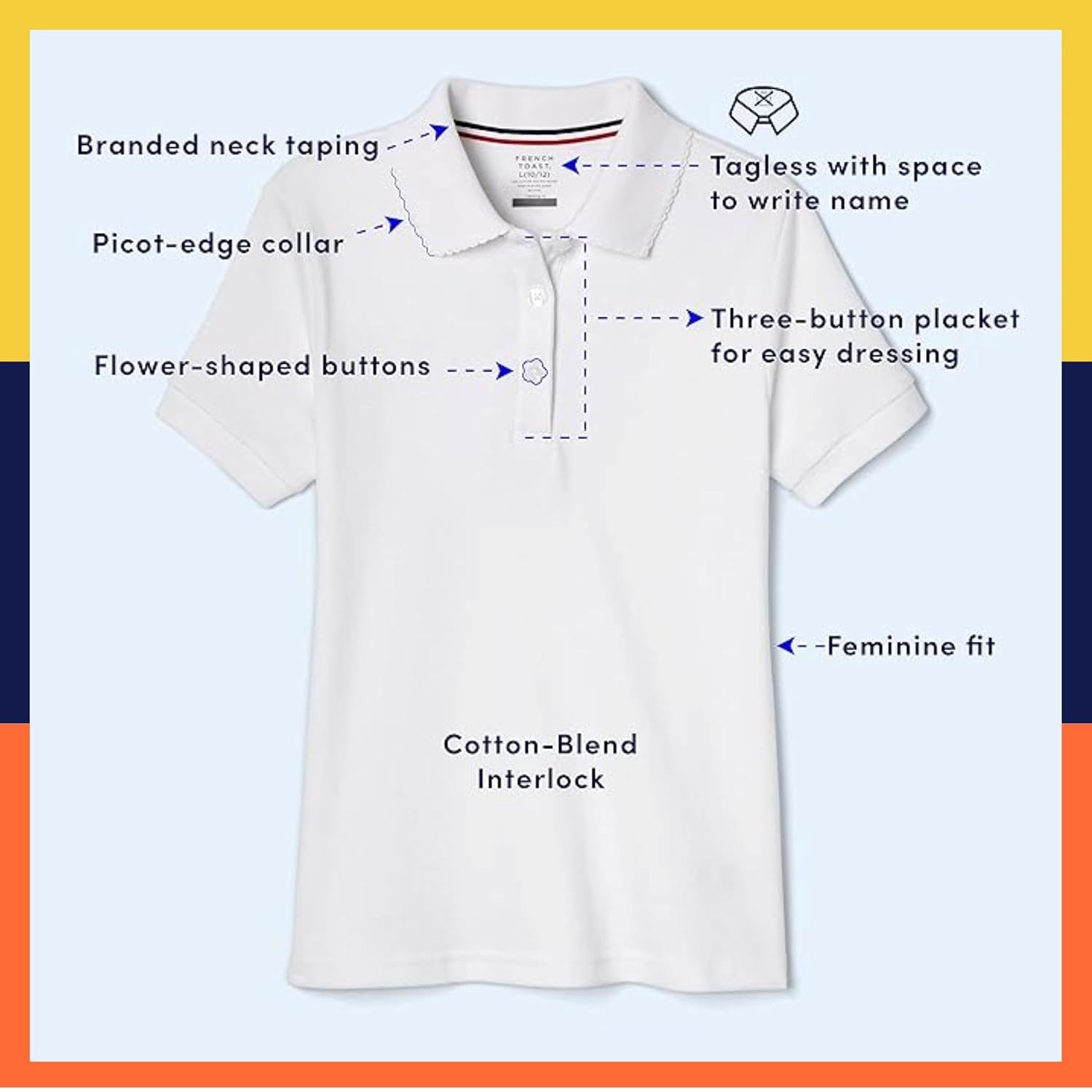 Girls' Picot Collar Polo Short Sleeve Shirt (Kids Standard & Plus Size), Yellow, 10-12 Plus