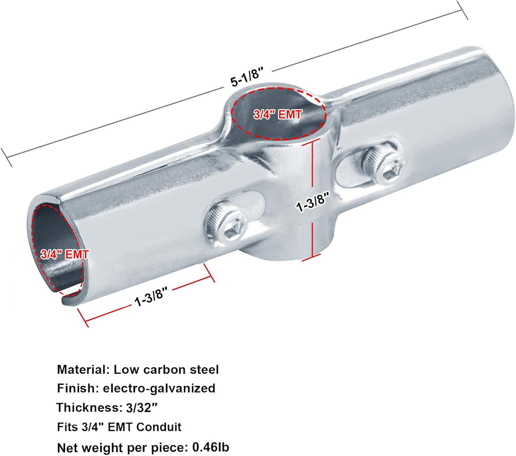 10 Sets 180 Degree Pipe Clamp Cross Connectors, Fits 3/4" EMT Directly | Adapter Shims for 1/2" EMT