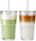 Ribbed Glass Cups with Lids and Straws (2 Pack), 16oz Iced Coffee Glass Tumbler, Leak Proof Coffee Cup To Go