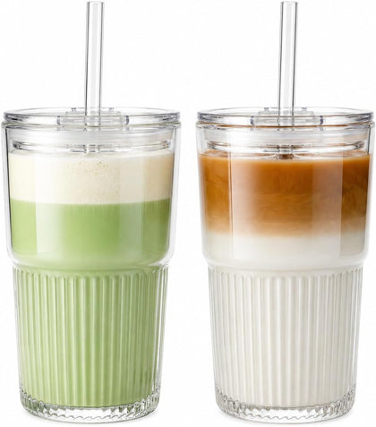 Ribbed Glass Cups with Lids and Straws (2 Pack), 16oz Iced Coffee Glass Tumbler, Leak Proof Coffee Cup To Go