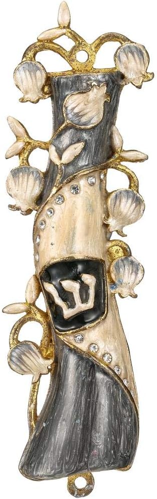 Mezuzah for Door with Scroll, Hand Painted Grey & Gold Enamel