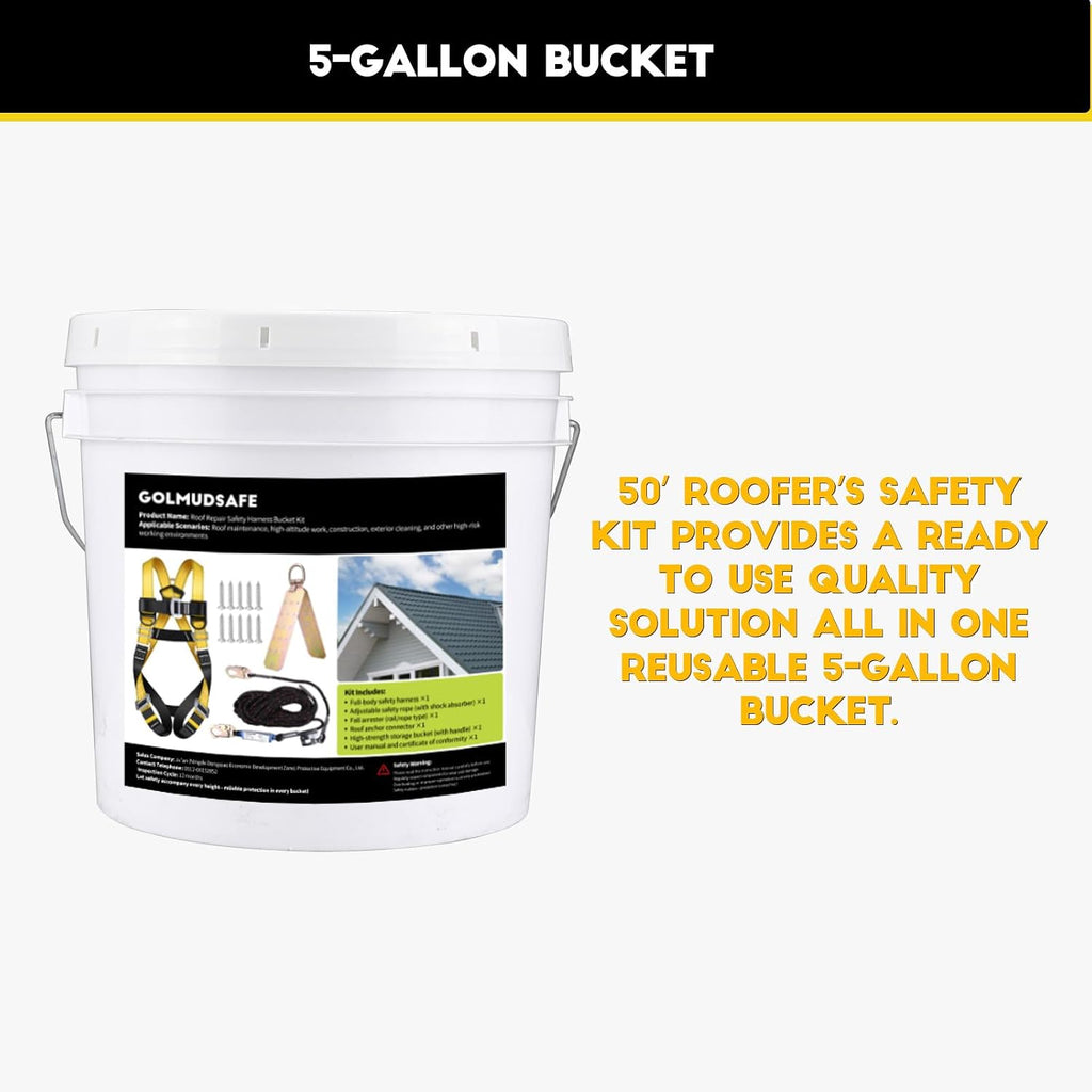 50ft Roofer's Safety Bucket Kit – Warthog Pass-Thru Safety Harness, Reusable Roof Anchor, and 50ft Vertical Lifeline