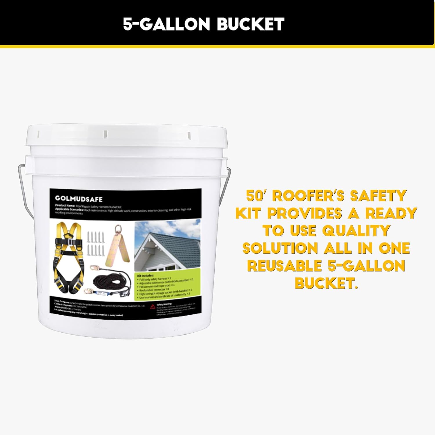 50ft Roofer's Safety Bucket Kit – Warthog Pass-Thru Safety Harness, Reusable Roof Anchor, and 50ft Vertical Lifeline