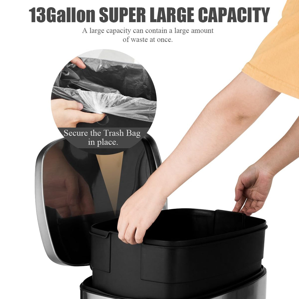 13.2 Gallon/ 50 L Kitchen Trash Can, Anti-Fingerprint Touchless Waste Bin with Soft-Closing & Stay Open, Step-On